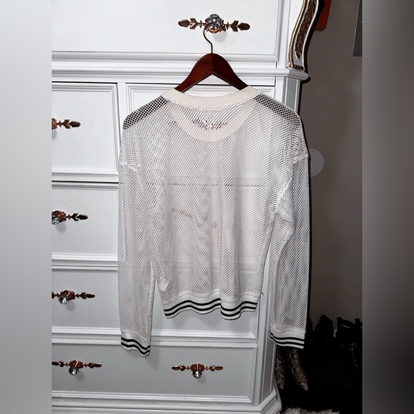 Truly Madly Deeply Open Knit Sweater, White with Striped Trim, Size Large - Picture 10 of 17